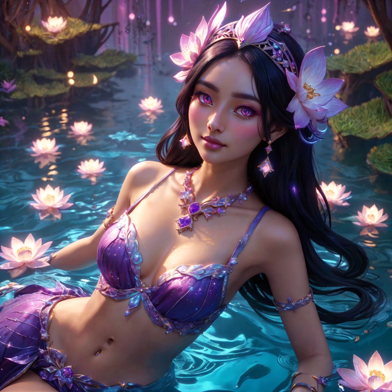 Half-Indian woman ,   , pink mouth ,Dressed in gold, standing in front of a crescent moon., goddess of heaven, goddess of the moon, anime goddess, beautiful heavenly mage, lunar goddess, Moon Goddess, Golden Lotus Princess, Goddess of the Galaxy, Beautiful Fantasy Empress, ((Beautiful Fantasy Empress)), Goddess and Moon, As the sun goddess,, Goddess of space and time ,  , Fine gold jewelry , pink diamond , pink dress , pink eyes