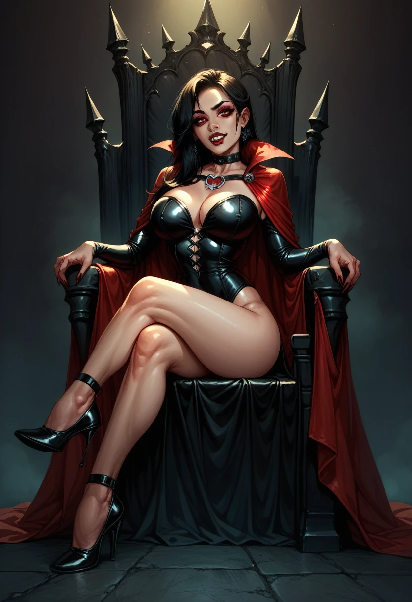 Sexy asian woman, big breasts , , vampire cosplay, leather, black and red cape, choker, vampire teeth, sitting in a gothic throne, legs crossed, high heels, seductive