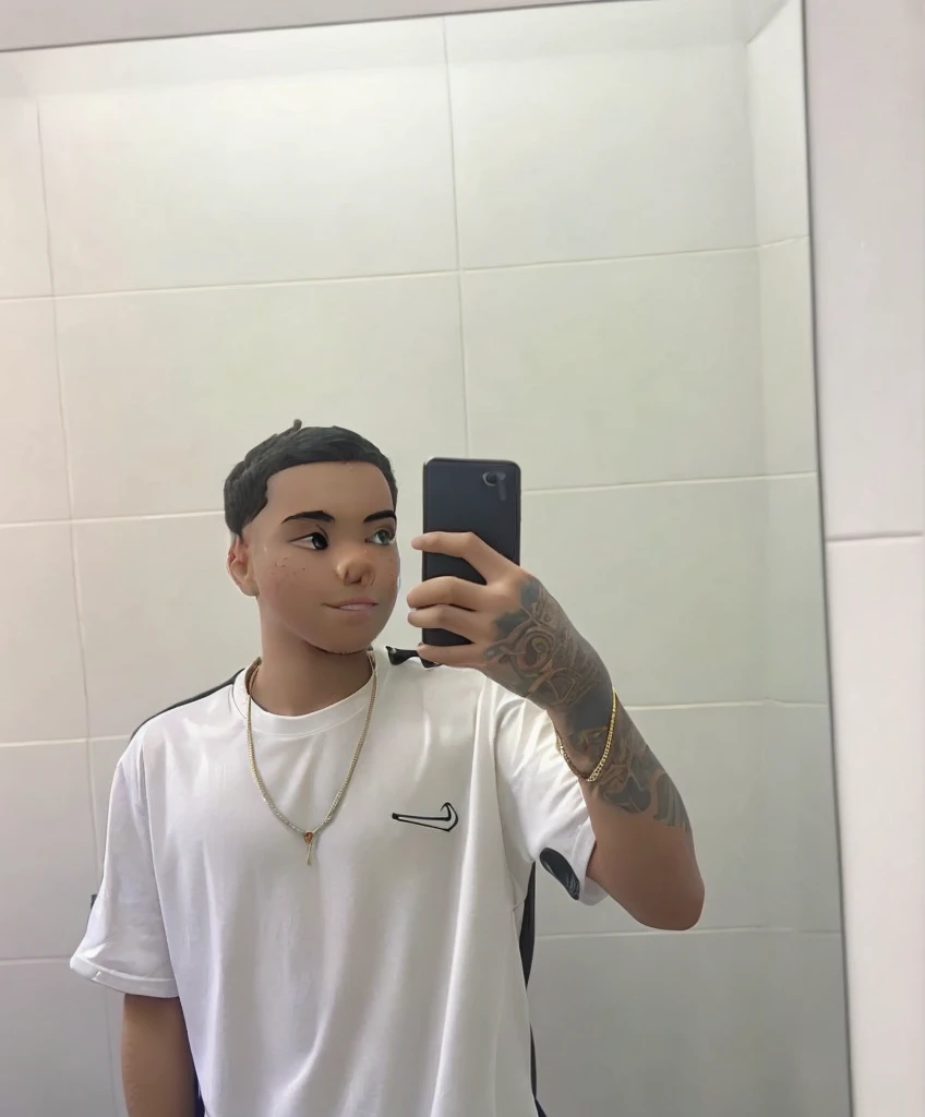 a teenage boy with black hair taking a photo in the mirror holding his cell phone, in the background a shopping mall