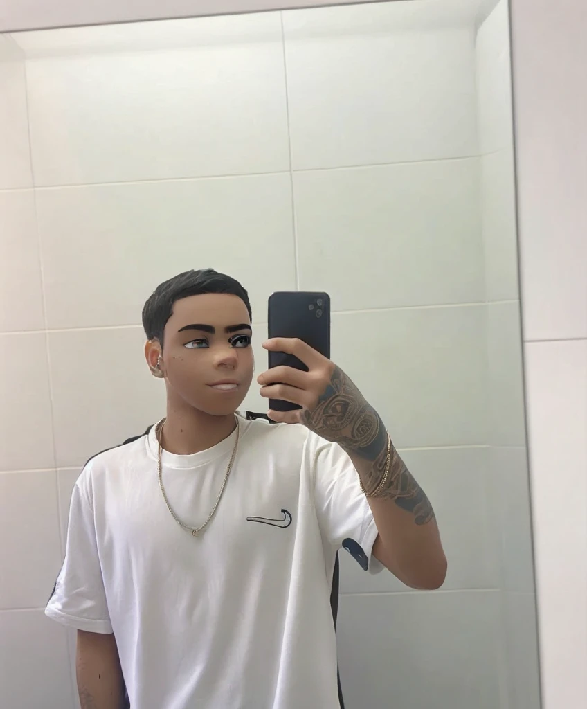 a teenage boy with black hair taking a photo in the mirror holding his cell phone, in the background a shopping mall