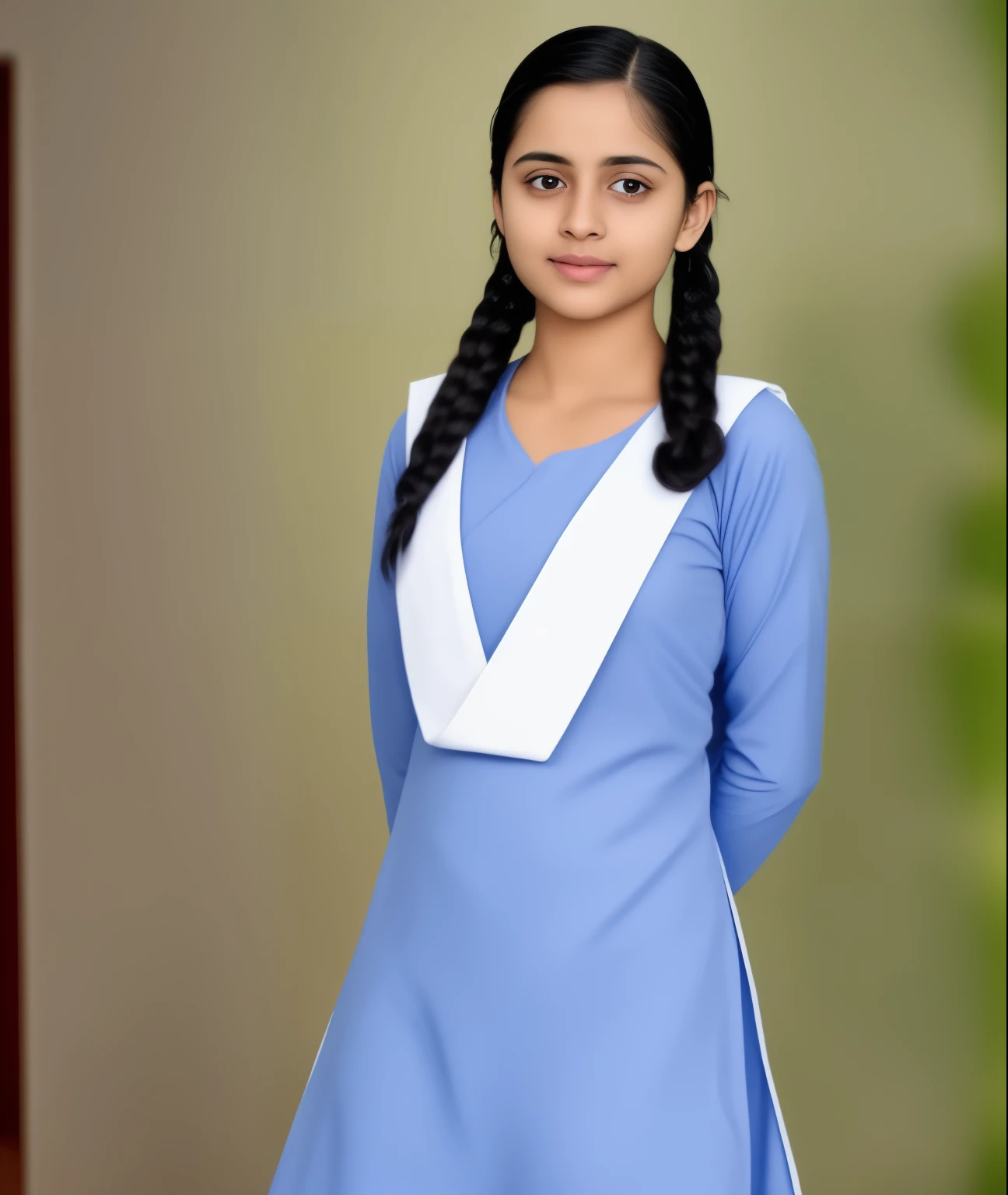 Raw photo , 1 girl  ,Wearing  salwar kameez uniform, teen school girl, with plait , professional photographer, (hdr:1.4), masterpiece, ultra-realistic 8k, perfect artwork, intrincate details, cute face, award winning photograph, (Best quality, 8k, 32k, Masterpiece, UHD:1.3) 