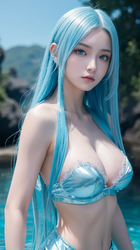 light blue hair, shiny hair, Surrealism, anime, 8k, super detail, UHD, masterpiece, accurate, anatomically correct, textured skin, super detail, high quality, award winning, best quality, highres
"A girl representing Mercury, with a water theme. She has an intellectual and calm demeanor, but possesses inner strength. She has blue eyes, long blue hair. Her appearance is ethereal, reflecting the tranquility and depth of water."