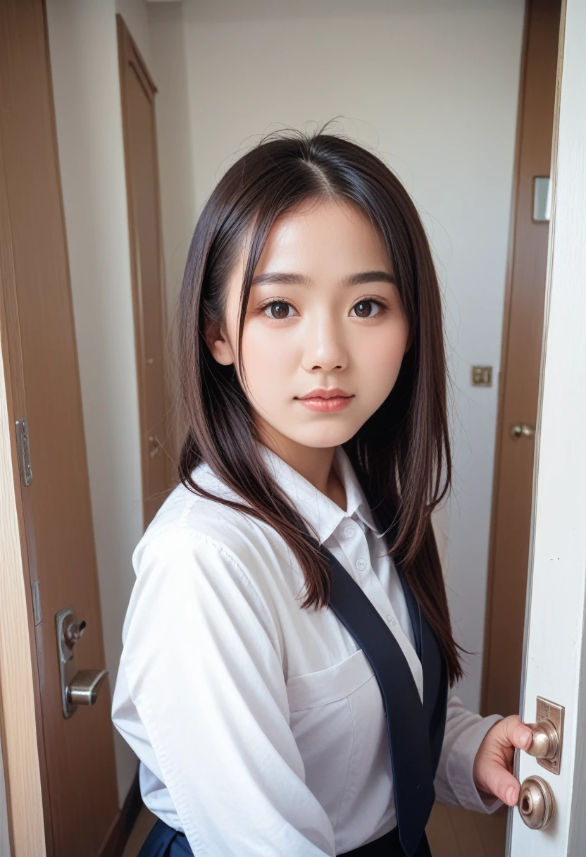 8k, raw photo, best quality, masterpiece, realistic, photo realistic, clear, professional lighting, beautiful face, best quality,ultra high res, realistic japanese beautiful, Super detailed, 1girl, indoor, pov_doorway