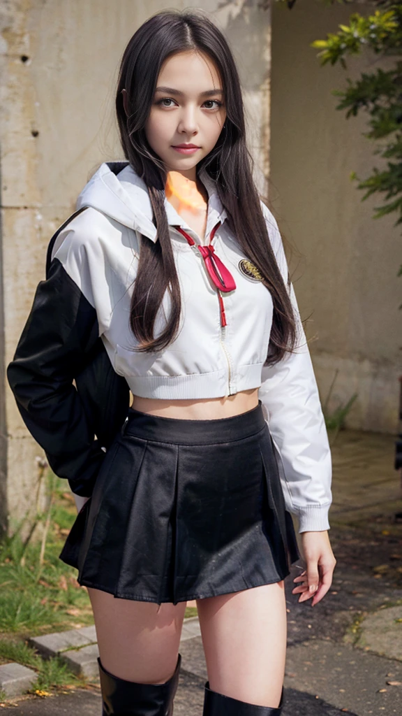 ((best quality)), ((masterpiece)), (detailed), A teenage girl,With translucent white yellow skin,Beautiful girl with slender limbs,Hands are not holding anything,Eyes are light yellow,With long straight hair that is almost gray-black,Wearing suit and black top,loose red tie,Black Japanese schoolgirl miniskirt,Wearing a white hooded jacket,Wearing black boots,Very quiet attitude,The breeze gently blows the hair,Full body photo of the front,Give people the feeling of first love。