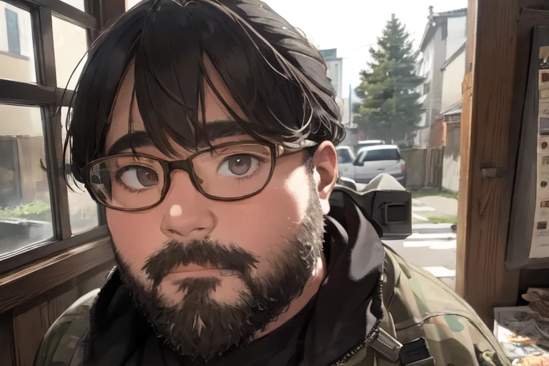 One boy, beard, Glasses, obesity, sniper rifle, Urban area, indoor, Woodland Camouflage, Monitoring, Tension, Bulletproof helmet, Military boots, stage, high place, Covert behavior, scope, long range shooting, Hide in the wall, window