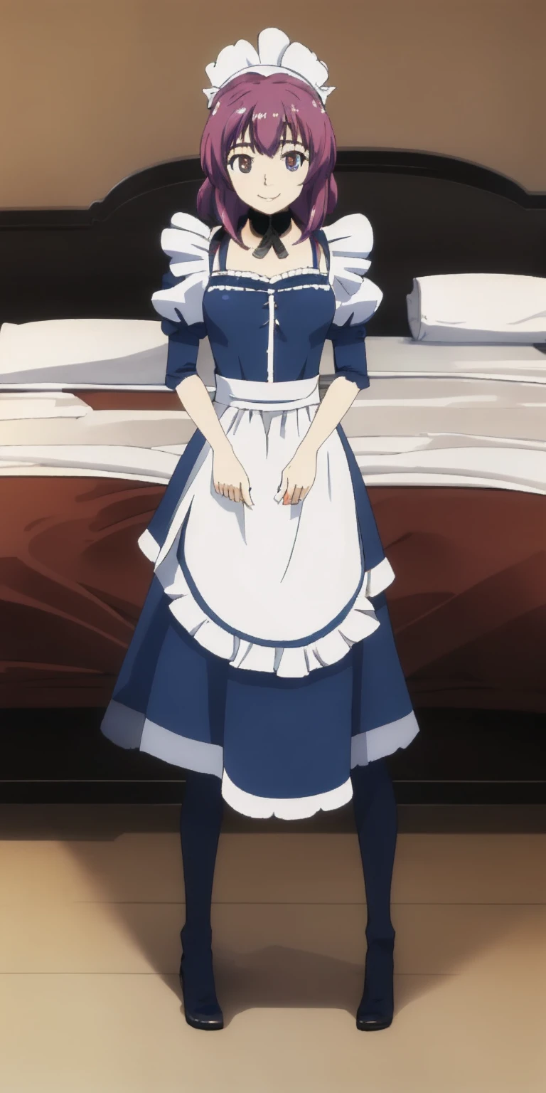 Sherry maid slave on bed open arms and spreading legs laying on bed, happy (masterpiece, top quality, best quality) pixel art, Slave 1girl full body toe to head, maid dress