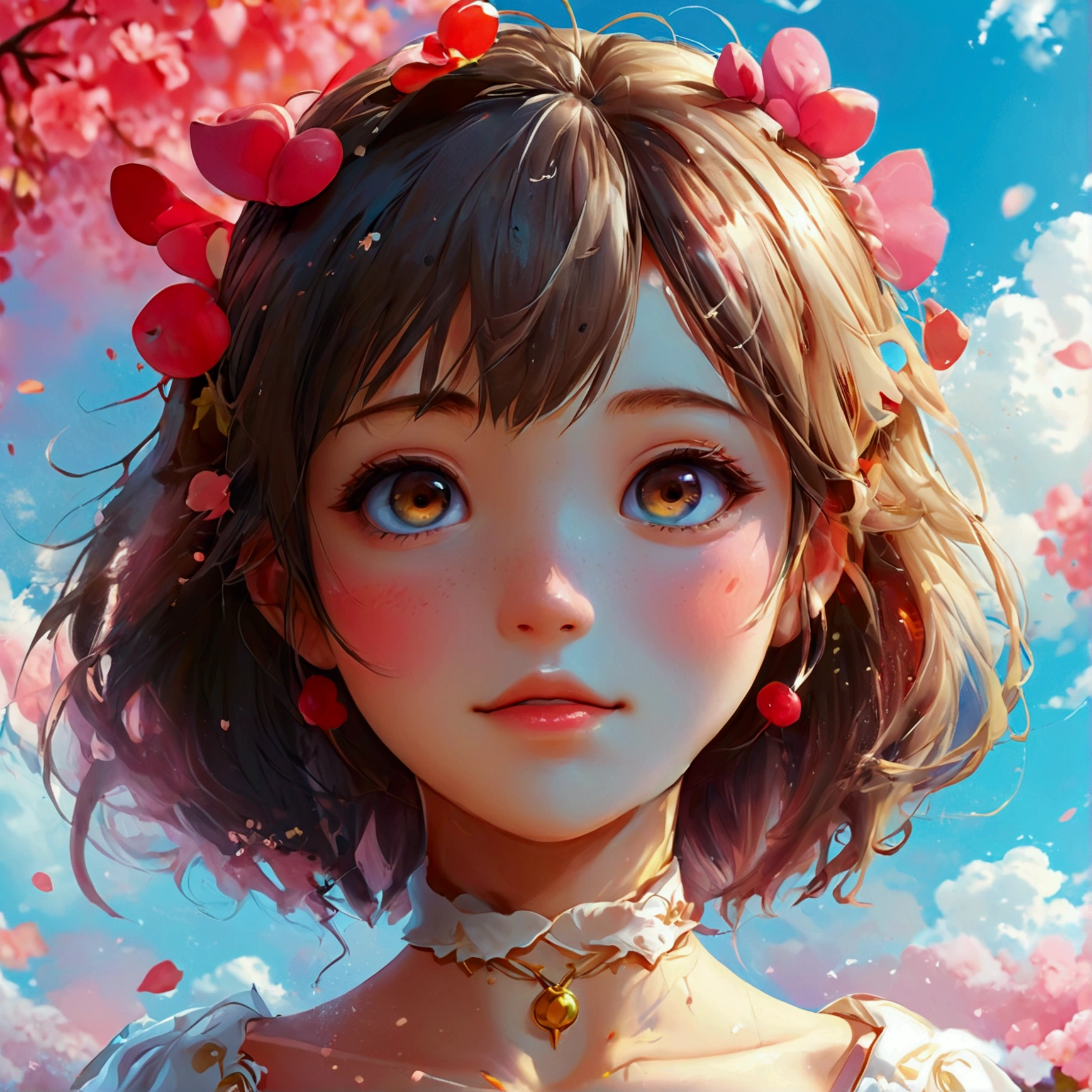 Create an illustration that meets the following conditions:。 -Create icons with a circle frame -Realistic anime style - Heartwarming characters - Created with deformation -Potato Girl - Fantasy background -Chibi character theme