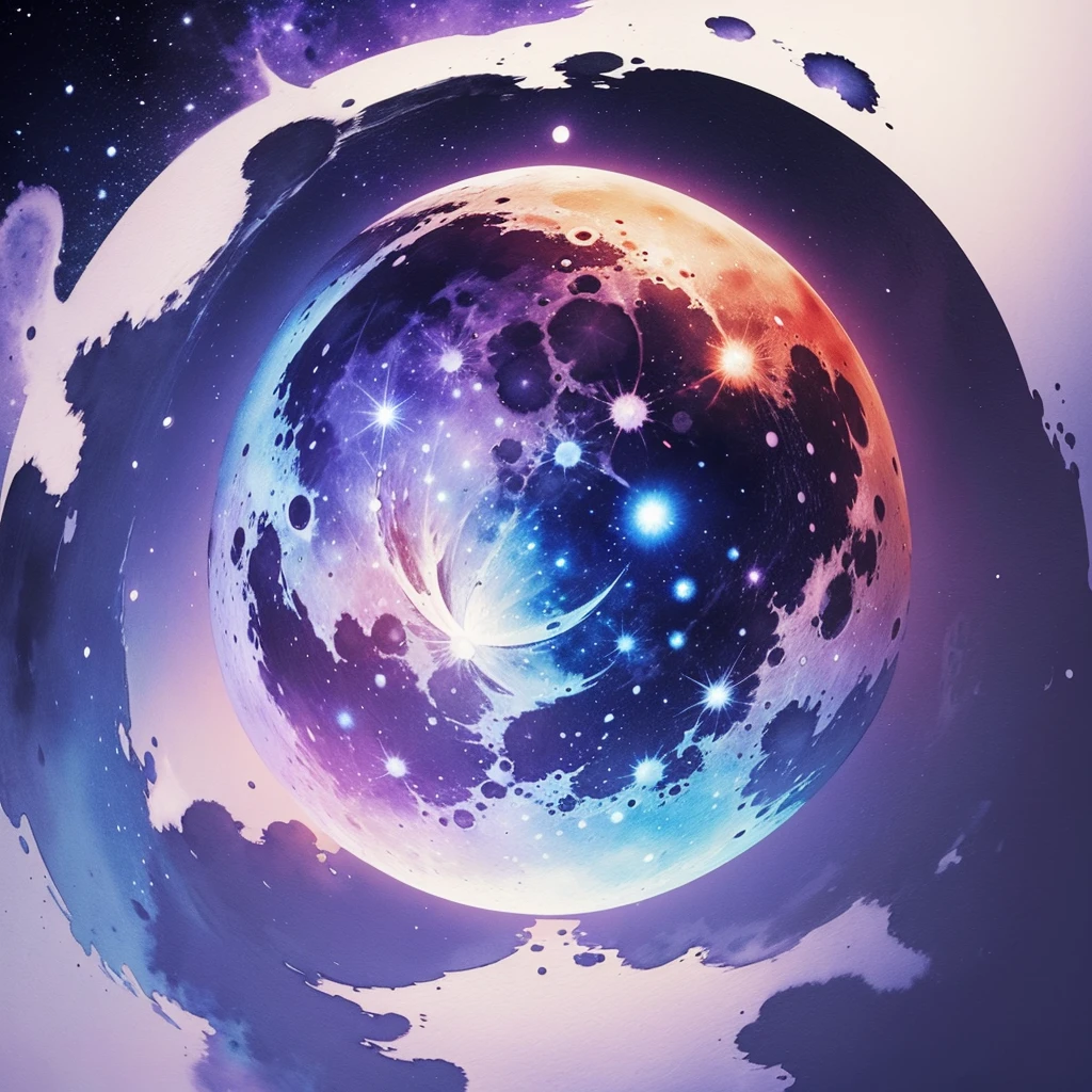 A burning moon emoji in an artistic watercolor style. The moon has a soft and warm glow, with colors that mix and flow naturally. The background is a night sky painted in shades of blue and purple, with blurred stars and nebulae. The image must be professional, creative and with an artistic touch.