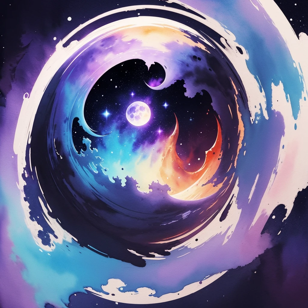 A burning moon emoji in an artistic watercolor style. The moon has a soft and warm glow, with colors that mix and flow naturally. The background is a night sky painted in shades of blue and purple, with blurred stars and nebulae. The image must be professional, creative and with an artistic touch.