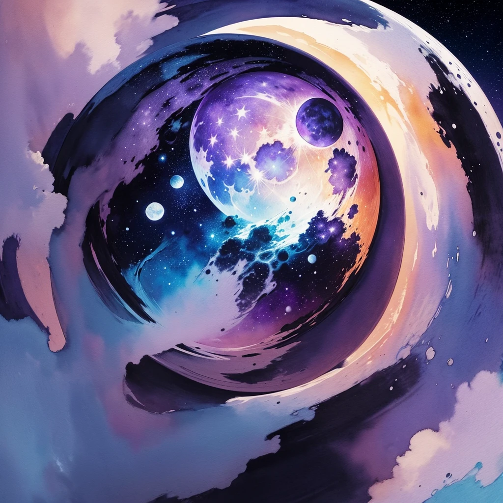 A burning moon emoji in an artistic watercolor style. The moon has a soft and warm glow, with colors that mix and flow naturally. The background is a night sky painted in shades of blue and purple, with blurred stars and nebulae. The image must be professional, creative and with an artistic touch.