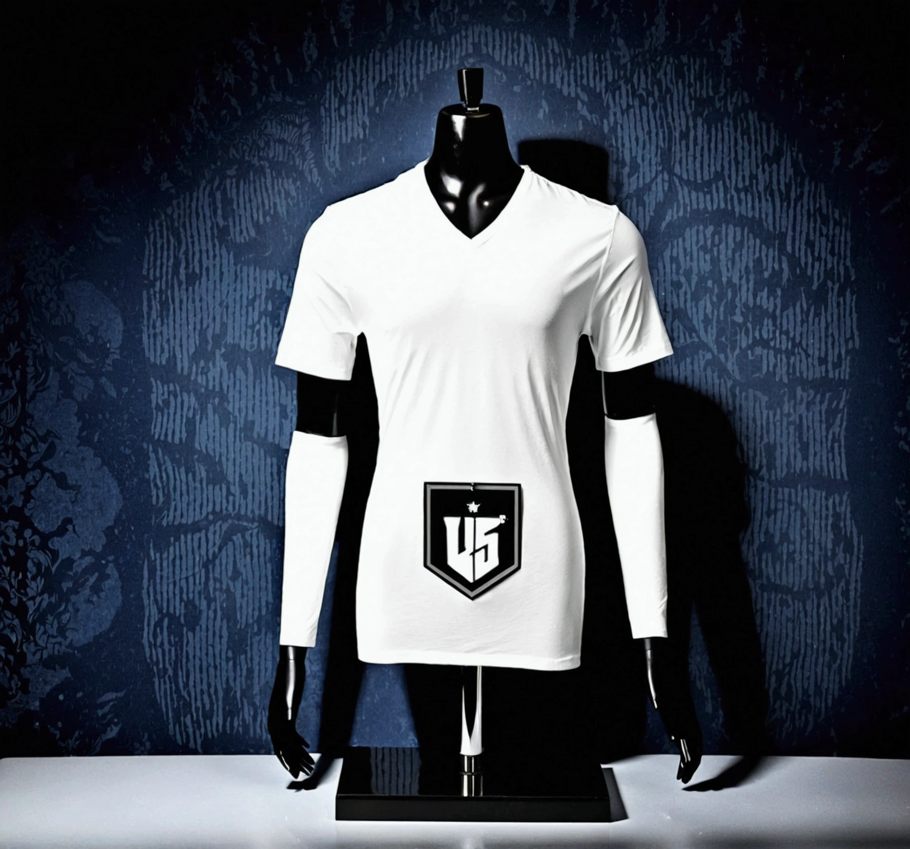 The image shows a mannequin dressed in a white shirt placed in front and behind a black V-neck background.