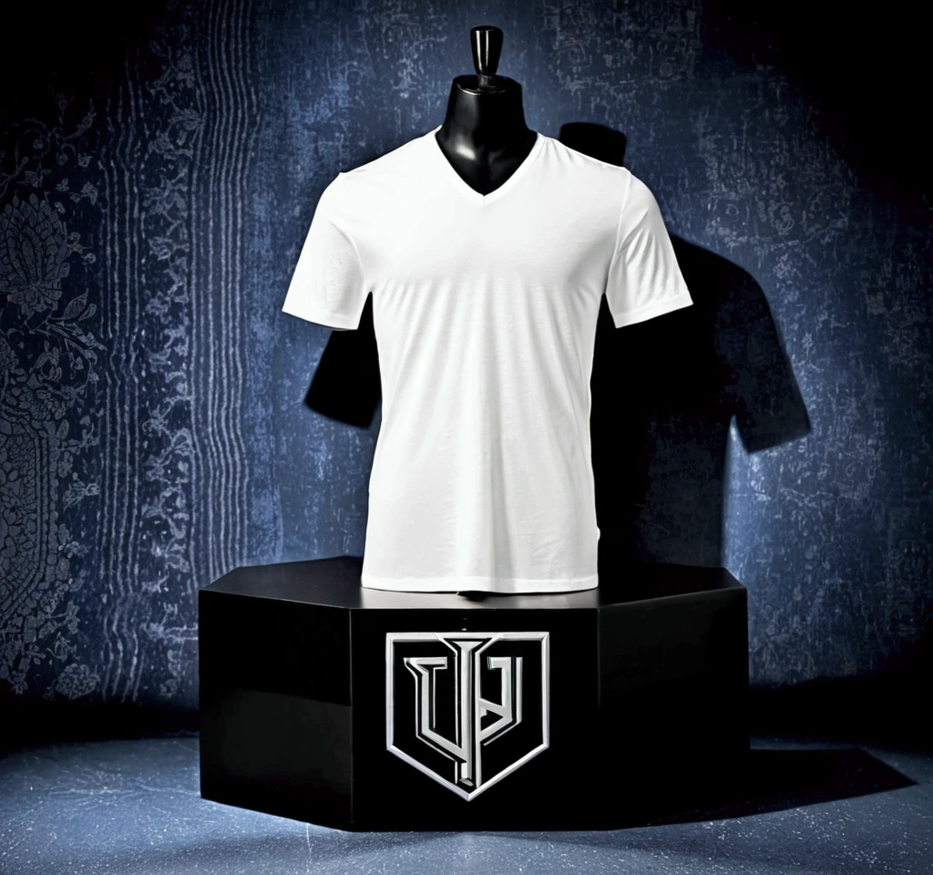 The image shows a mannequin dressed in a white shirt placed in front and behind a black V-neck background.