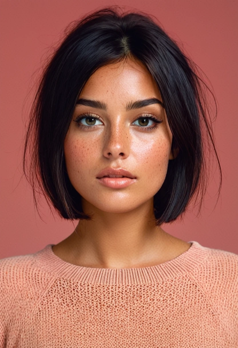 presents a young individual with very tanned skin and dark hair cut just below the chin. lots of makeup. Your eyes are light in color, and they have prominent freckles on their cheeks and nose. The individual is looking directly at the viewer, displaying a neutral to subtly thoughtful expression, with the head slightly tilted. They are wearing what appears to be a dark sweater or blouse... The background is solid, in warm tones, coral color that contrasts with the subject&#39;dark hair and pale skin, bringing focus to your face and expression.Mm