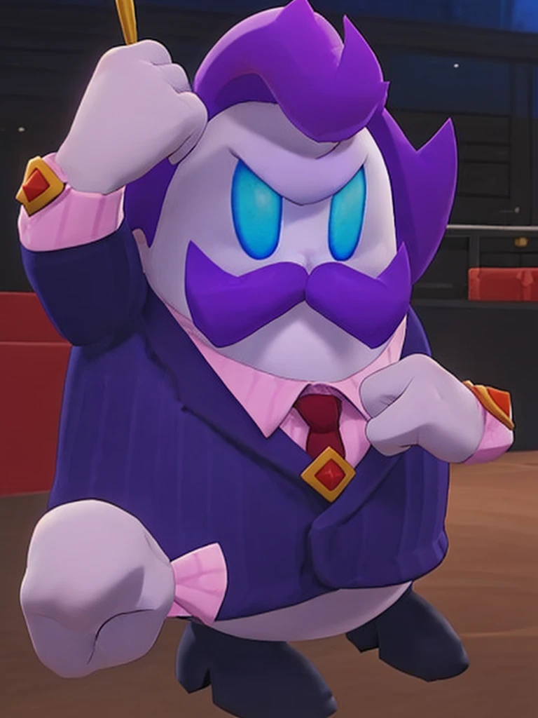  haltmann, purple hair, purple mustache, arms, wearing a dark blue suit with pink vertical lining, pink shirt, red tie, black shoes, gold suit button with a red diamond, pale purple gloves, pink cuffs, pale purple skin, blue eyes, golden earpiece with antenna