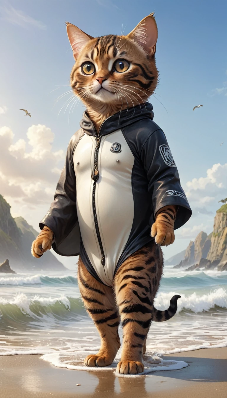  small, かわいいto be bornき物, Wearing surfer clothes、 whole body,small , Are standing, Costume, Beach seaside、 Fantasy art, Exquisite detail, Jean-Baptiste Monge Style, office、Alan Lee Style, Anthropomorphic, Fat, brown and black bengal cat with big eyes, Movie Scenes, Dramatic shot angles, , Realistic, to be born々Stunning cinematic photorealism, Action Portrait, 8k, detailed, Full Frame