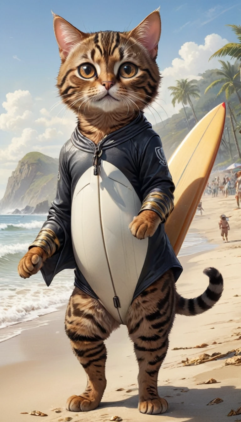 small, かわいいto be bornき物, Wearing surfer clothes、 whole body,small , Are standing, Costume, Beach seaside、 Fantasy art, Exquisite detail, Jean-Baptiste Monge Style, office、Alan Lee Style, Anthropomorphic, Fat, brown and black bengal cat with big eyes, Movie Scenes, Dramatic shot angles, , Realistic, to be born々Stunning cinematic photorealism, Action Portrait, 8k, detailed, Full Frame