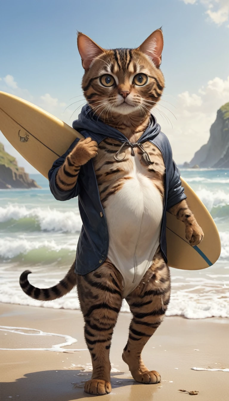 small, かわいいto be bornき物, Wearing surfer clothes、 whole body,small , Are standing, Costume, Beach seaside、 Fantasy art, Exquisite detail, Jean-Baptiste Monge Style, office、Alan Lee Style, Anthropomorphic, Fat, brown and black bengal cat with big eyes, Movie Scenes, Dramatic shot angles, , Realistic, to be born々Stunning cinematic photorealism, Action Portrait, 8k, detailed, Full Frame