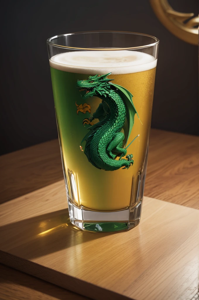 A dragon logo inside a drinking glass