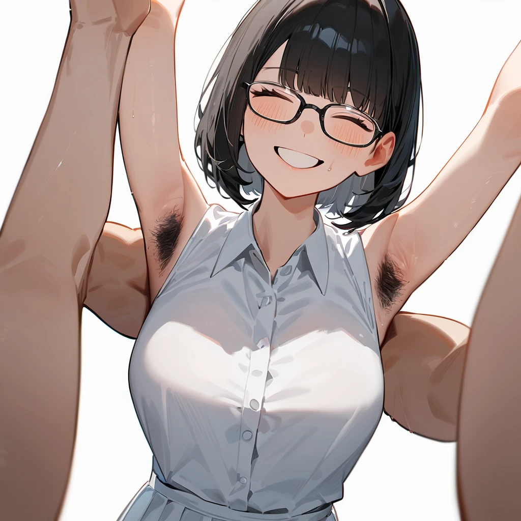 masterpiece, Highest quality, so beautiful, Absurd,
The subject is one girl, ,Black Hair, Bobcut,Thermont 16A, Glasses, 
Collared shirt, Flared long skirt、Happy, smile, Sticking out tongue、Armpit Hair、Hair growing under the arms、She is raising her arms to show her armpits to the camera、View your viewers, White Background, Simple Background,The subject&#39;s entire body is captured、NSFW、
 