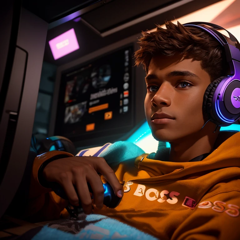 There is a 16 year old boy wearing headphones and a hoodie sitting at a table, Streamer do Twitch / player , profile photo 1024px, Streamer do Twitch, with headphones from ear, wearing a gaming headset, frontal image, anton fadeev 8k, wearing gaming headset, msxotto, very high quality image, brown skin color