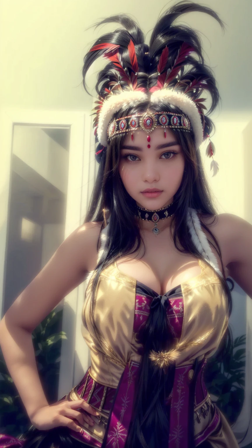 araffe wearing a feather headdress and a corset, high quality, wearing a native american choker, indian, aztec queen, skydoll noa, indian goddess, black hair, native american, looks like fabiula nascimento, perfect face!!, profile shot, best quality, photo realistic