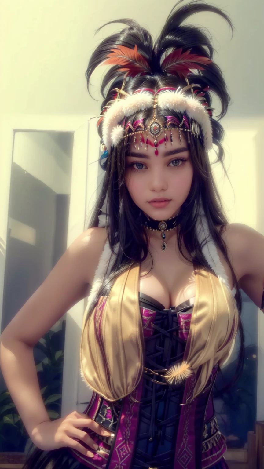 araffe wearing a feather headdress and a corset, high quality, wearing a native american choker, indian, aztec queen, skydoll noa, indian goddess, black hair, native american, looks like fabiula nascimento, perfect face!!, profile shot, best quality, photo realistic