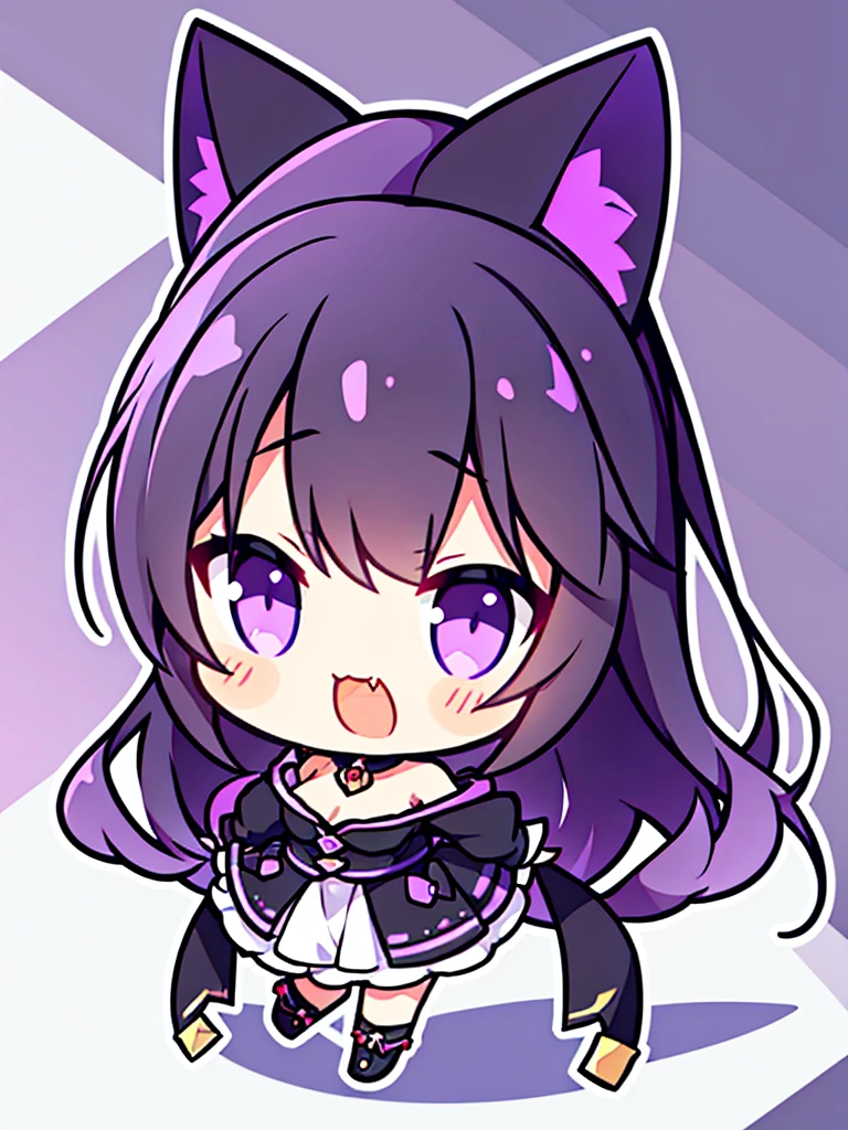 Generate an image from a ,with cat ears,black wavy hair,sharp purple eyes,generate a tuber png image with other expressions in chibi format