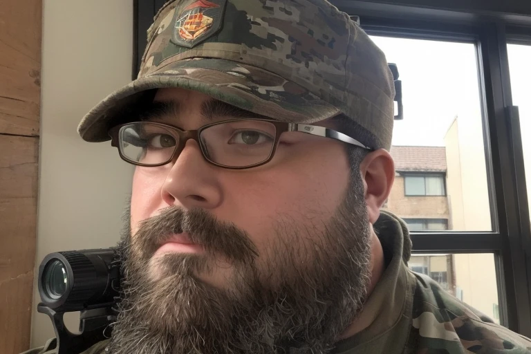 One boy, beard, Glasses, obesity, sniper rifle, Urban area, indoor, Woodland Camouflage, Monitoring, Tension, Bulletproof helmet, Military boots, stage, high place, Covert behavior, scope, long range shooting, Hide in the wall, window