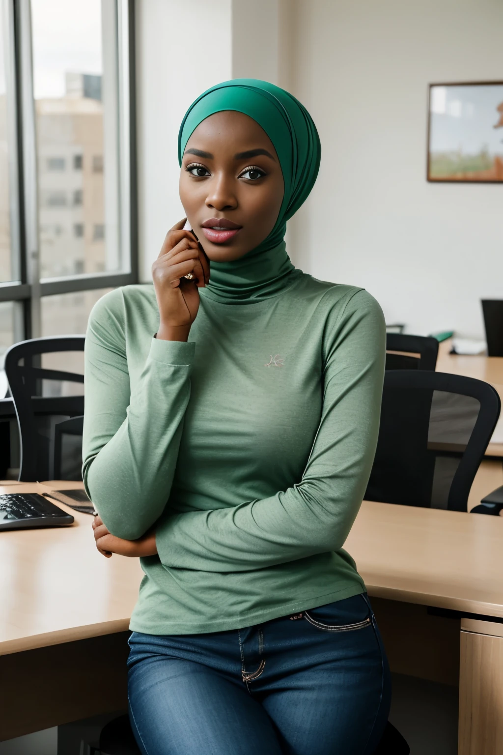 African female model, 3/4 photograph, in a office, natural light, posing for picture, (green eyes), thick lips, bimbo lips, hijab, cotton turtleneck, long sleeves, freckles, busty