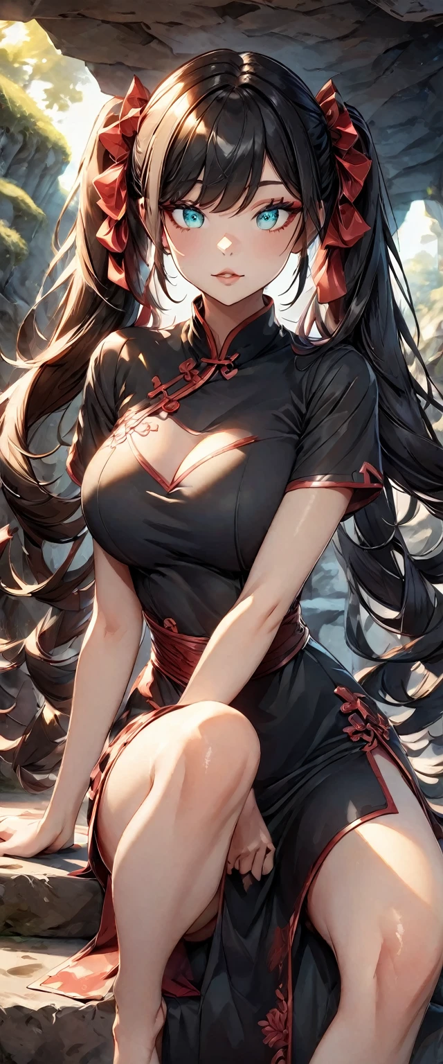 Photo of a woman with natural skin, Upper Body, Seaside cave, The light is shining in, High Twintails, Black hair with red mesh, Sharp eyes with red eyeshadow, Blue-green eyes, Shining eyes, A thin, upturned nose, Well-shaped lips, Big Breasts, ((China dress, Short sleeve)), barefoot, Makeup, Exquisitely crafted with the utmost attention to detail, Vibrant, amazing, Smooth, Cinematic, 4K, Backlight, (()), Shallow depth of field, ((Detailed eyes:1.3, Detailed lips:1.3, high quality, )), masterpiece, Super detailed images, High quality