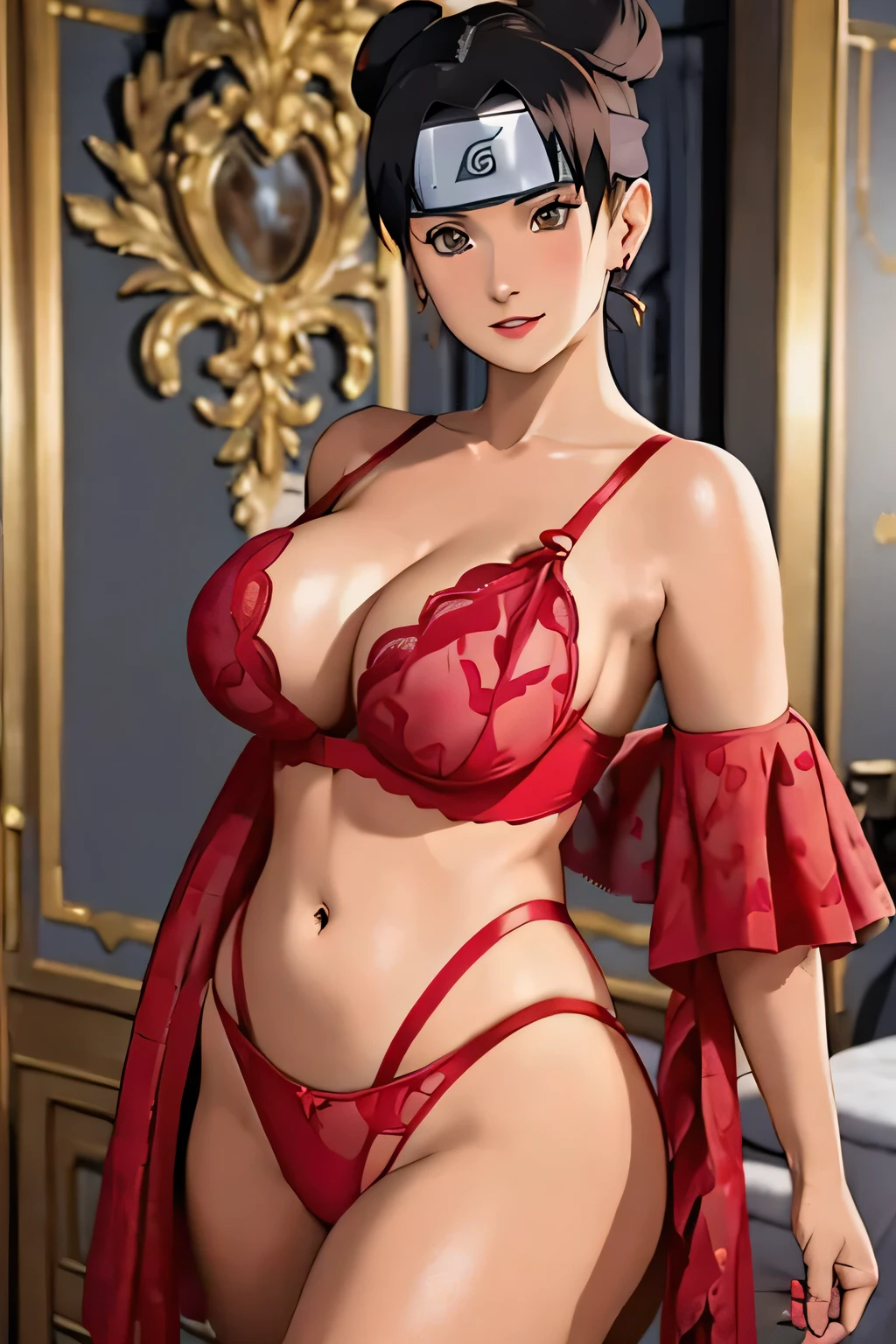 （tmasterpiece），one-girl，little breast，(Be red in the face)，Redlip，cleavage，(Off-the-shoulder attire:1.2)，Big breasts, groin, bellybutton, Bust photo，full body, Naruto，Long-lasting forehead protection，white  clothes，transparant panties, looks into camera，sportrait，ssmile，large gate，SakuraNS，4k quality，The most beautiful face，White skin of the，high detail