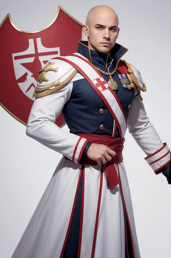 Create a character based on Jaques demolay with a long white coat , the head with only hair on the sides , bald on top , with templar armor ,with a symbol of a red cross on the chest on a white background ,no sword just a small shield on top of the right forearm , in fighting pose showing the shield with a worm cross on the white background ,de corpo inteiro , just 1 shield .