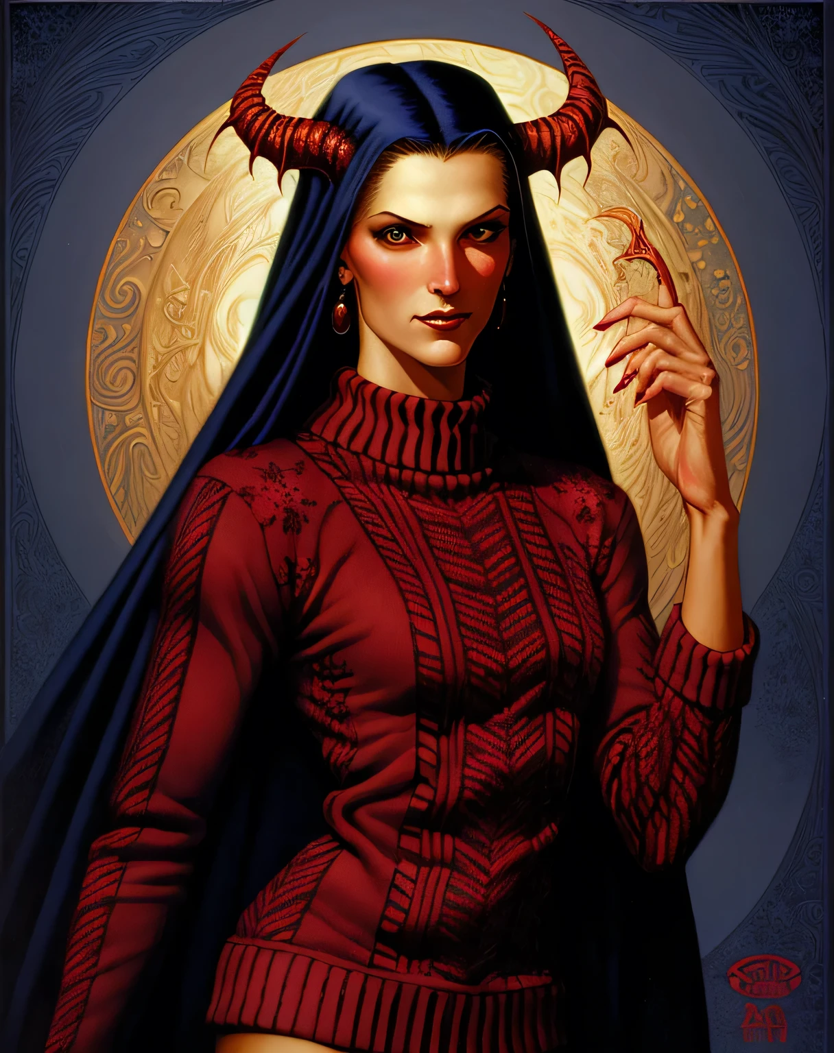 stunning pretty woman, 1s a demon, wearing a christmas sweater, upper body, art by gerald brom 