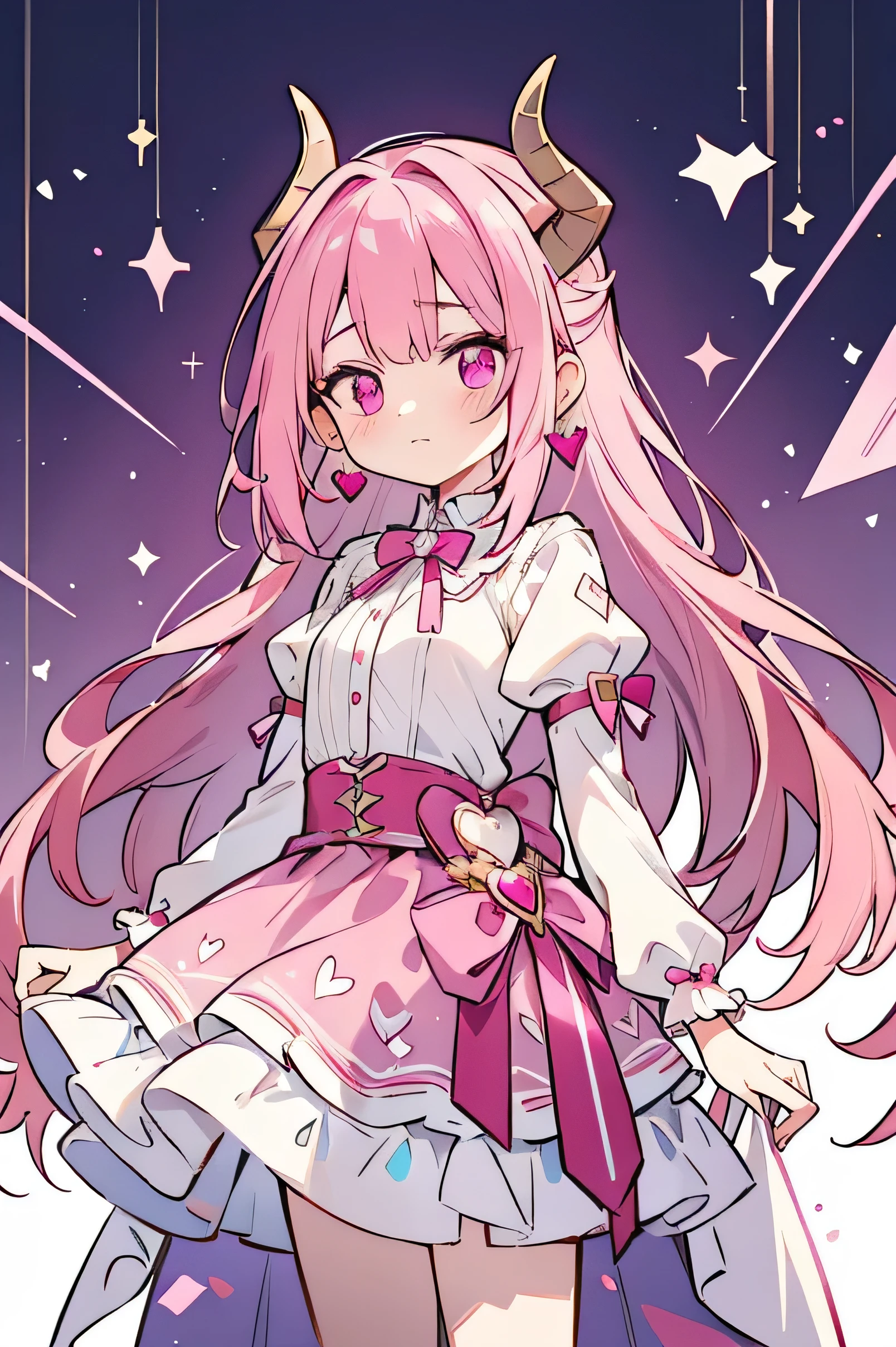 Capricorn Cure Selene, her hair grows longer and wavier with a magenta ombre decorated with matching hearts. Her ribbons are magenta and she now has light magenta goat horns. The top of her dress, back bow, and top layer of her skirt are pale pink. The top part is also longer with a translucent layer that matches its length. The skirt inside is shorter with a light purple layer that opens in front with white layers inside it and decorated with a light pink ribbon. Her earrings are also heart-shaped.