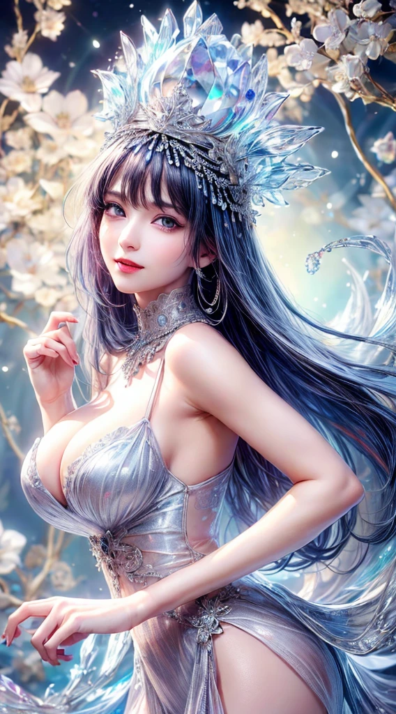 tmasterpiece,Highest high resolution,((((Bow your head and smile)))),Dynamic avatar of a beautiful aristocratic girl,Blue hair is gracefully curled,(((Wearing a crown of huge flowers、Bucket Hat,jewely,Diamond necklace))),Purple clear eyes,(((Hair is covered with beautiful and delicate floral craftsmanship, Crystal Jewelry Filigree))),Ultra-detailed details。sexy,seductress,queen of seduction