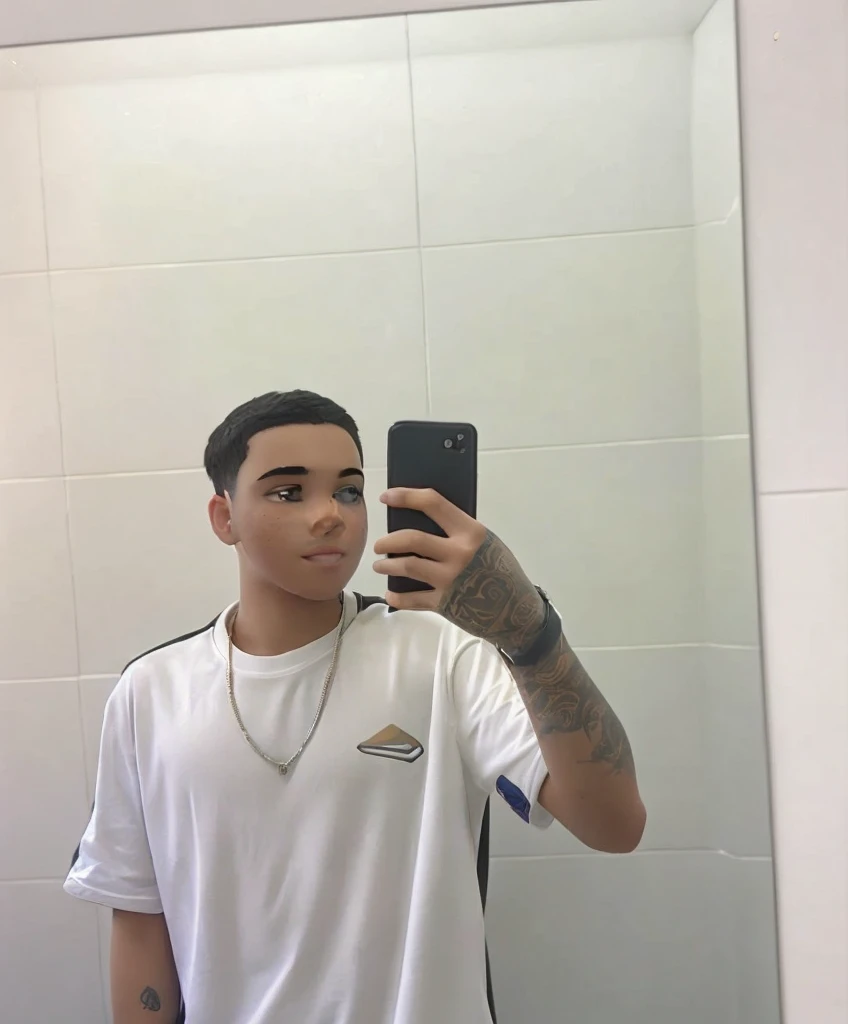a teenage boy with black hair taking a photo in the mirror holding his cell phone, in the background a shopping mall, looking slightly to the side