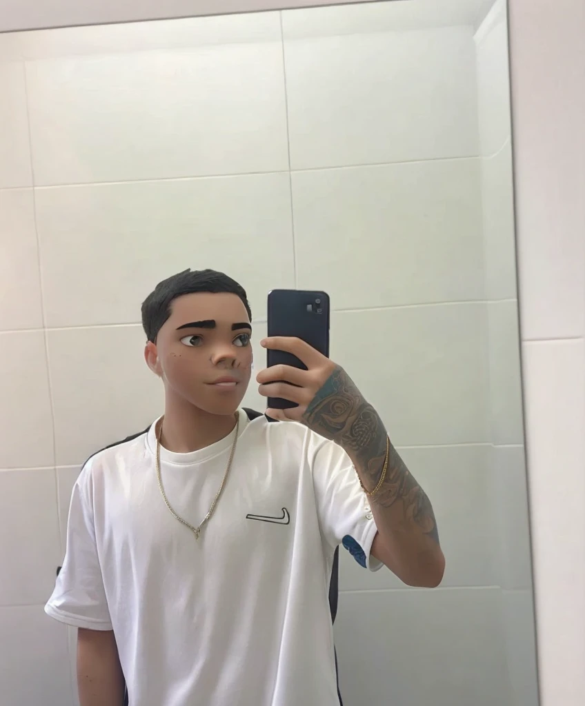 a age boy with black hair taking a photo in the mirror holding his cell phone, in the background a shopping mall, looking slightly to the side