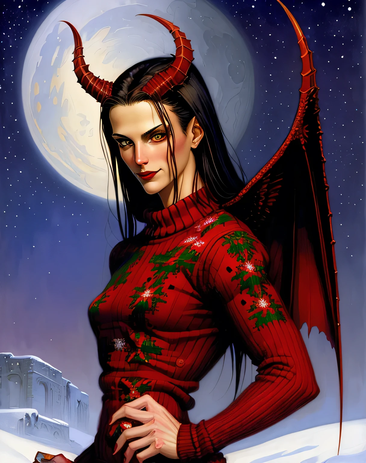 stunning pretty woman, 1s a demon, wearing a christmas sweater, upper body, art by gerald brom 