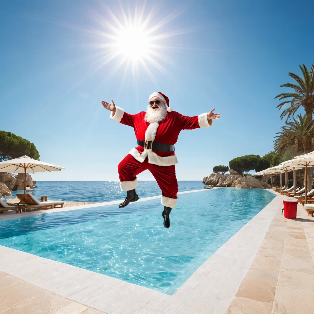 Captures an image from different angles of a very large pool in which there are white rectangular signs floating on the water without any text, all the same and of the same size and in the center of the pool there is a fat and smiling Santa Claus floating in the water bathing with sunglasses and very happy, everything takes place under a radiant sun on a Mediterranean beach with impressive lighting for a perfect shot. professional photography, 8k, RAW photo, The best quality, Masterpiece, photorealistic, Highly detailed, cinematic lighting, sharp focus, réflex digital, high resolution, photorealistic,