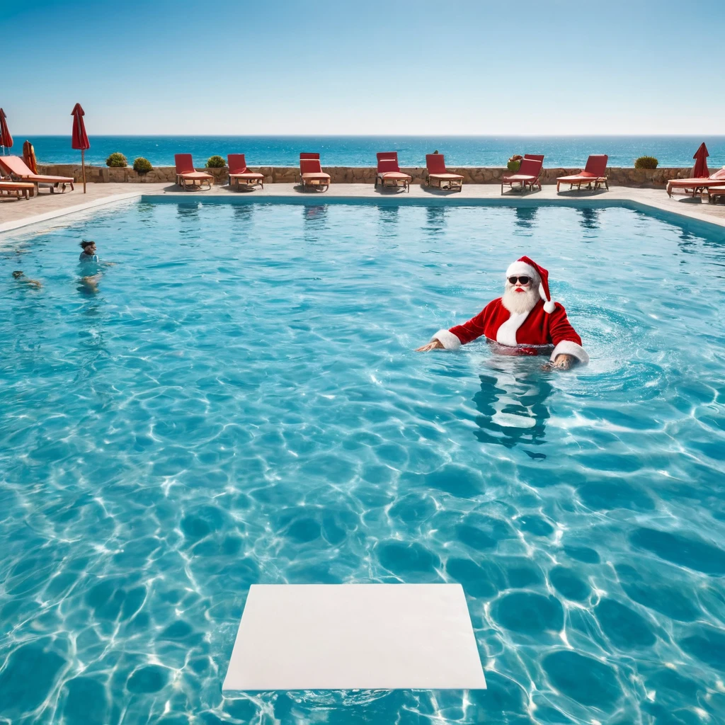 Captures an image from different angles of a very large pool in which there are white rectangular signs floating on the water without any text, all the same and of the same size and in the center of the pool there is a fat and smiling Santa Claus floating in the water bathing with sunglasses and very happy, everything takes place under a radiant sun on a Mediterranean beach with impressive lighting for a perfect shot. professional photography, 8k, RAW photo, The best quality, Masterpiece, photorealistic, Highly detailed, cinematic lighting, sharp focus, réflex digital, high resolution, photorealistic,