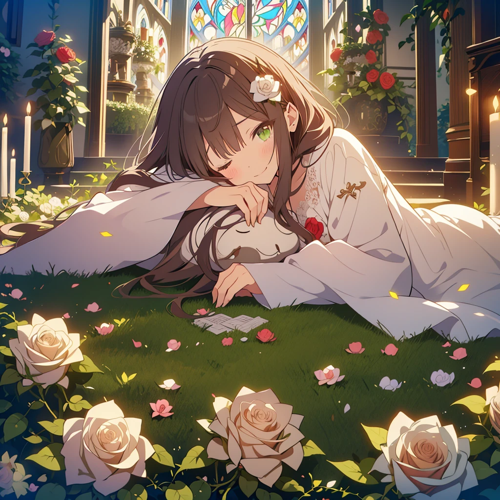 kawaii, anime, Cute, hyper quality, highly detailed, 8k, Clarity, dark brown long hair, smile, green eyes, White Rose, white rose, plant, Thorns, rose vine, buried in roses, lie down, hold your hand, sad expression, big white rose, rose petals, fog of light, lose one's legs and fall down, collapsed church, Stained glass, light shines in, Draw faces clearly, ruins, light pours down, lots of white roses, growing rose vine, rose thorn, white rose petals are dancing, offer a prayer, Draw facial expressions in detail, The only color of roses is white,
