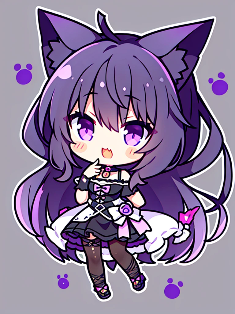Generate an image from a ,with cat ears,black wavy hair,sharp purple eyes,generate a tuber png image with other expressions in chibi format