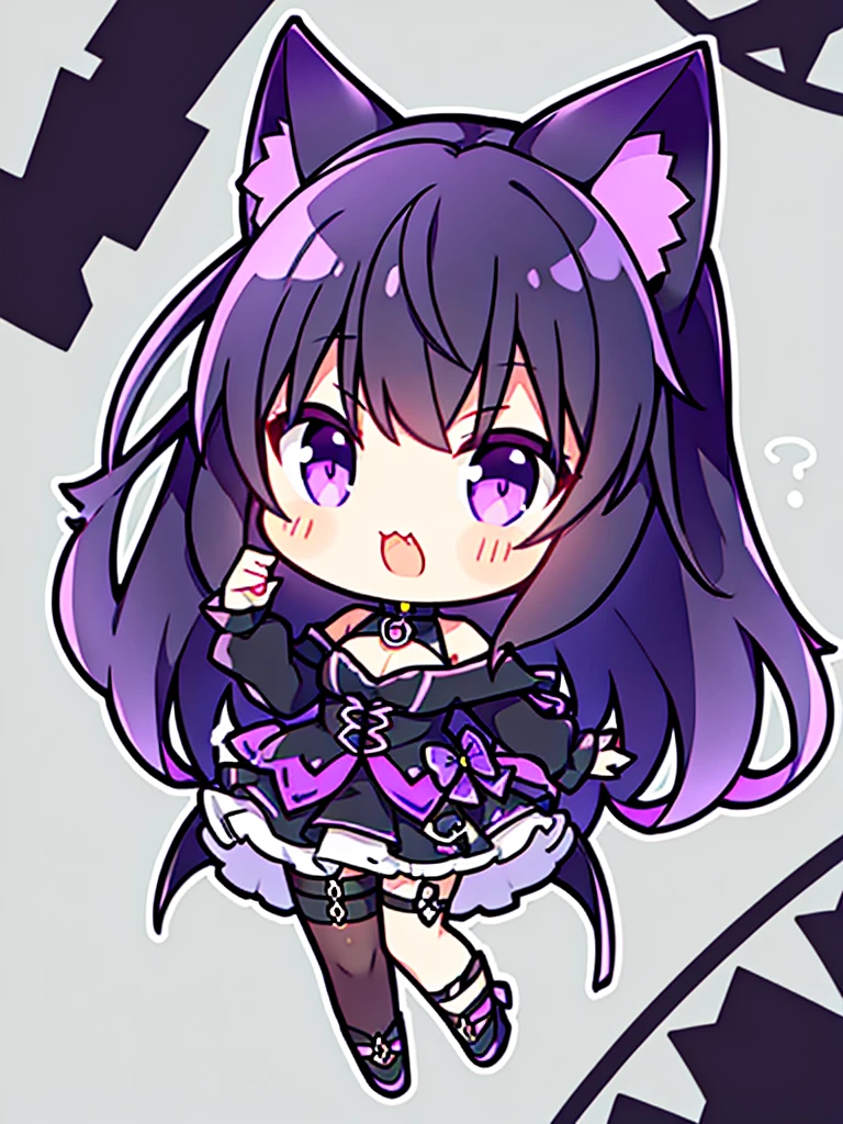 Generate an image from a ,with cat ears,black wavy hair,sharp purple eyes,generate a tuber png image with other expressions in chibi format