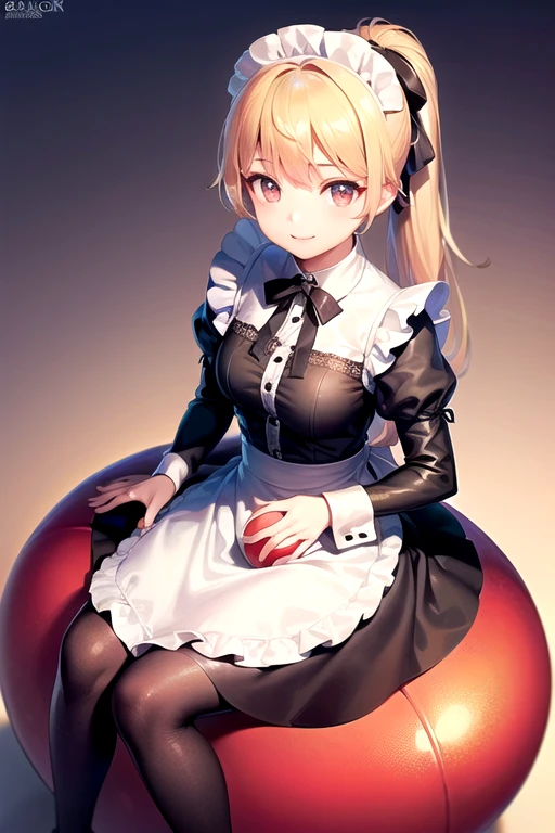 ((Highest quality:1.6)), ((masterpiece)), (detailed), (Perfect Face), (detailedなイラスト:1.6), (Ultra-high resolution:1.6), girl, The best smile, cute, Blonde, Small breasts, (Black and white maid outfit, Blue ribbon, White apron, Gothic maid outfit, Length long), (Sit on the ball:1.6), yoga, Fitness, Straddle the ball, 