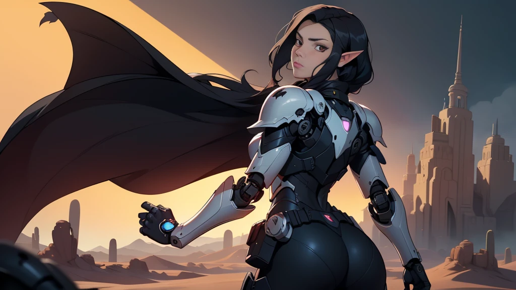 high quality, 4K, masterpiece, Beautiful, cyborg girl, cowboy shot, dull eyes, rear, I turn around, to look at the viewer, long светлые волосы, girl, , suitable for thigh, robotic weapons, robotic body, cyborg body, yellow accent, editorial, complex part, compound, detailed lines, Robotic part, raising your fist, holding your hand like a fist, colored robotic parts, robotic parts with color, perfect fingers, on a desert planet, Solar background, colorful desert,,((masterpiece, top quality)), detailed face, masterpiece, Best quality, 1 adult woman, female focus, One, Dark black hair, Bright red eyes, long волосы, Looking at the viewer, closed mouth((1 drow dark knight)), heavy night mare battle armor, shillien knight, Sword and shield, gray skin, Best quality, masterpiece, a high resolution,,Create adorable art, вдохновленный Lineage 2, with the image of a female dark elf, known as the ghost knight. The stage must convey her elegance and deadly prowess, highlighting Lineage 2's unique aesthetic. She must have sharp elven features, long, flowing silver hair, piercing blue eyes and pointed ears. Her outfit should be dark, smooth armor and mystical elements, decorated with intricate patterns and glowing runes. She is in a dynamic, action-oriented posture, holding double daggers with an unearthly glow. The background should be a dark mystical forest or an ancient ruined temple with a moonlit sky, casting an eerie glow. T, imaginative art of Lineage 2, with bright flowers, Dramatic lighting, depth of field, natural soft light, professional lighting, (highly detailed leather: 1. 2)、Photorealistic anime render、Bright highlights of the eyes、Ideal Anatomy、Romance is open、dampness、8K resolution、complex parts, 8K resolution, complex parts, thin waist, Wide buttocks, eff