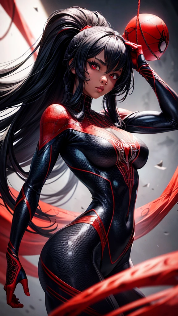 a beautiful detailed black spiderman cosplay girl, 1 girl, extremely detailed face and eyes, long hair, big breasts, white skin, red spider symbol in costume, 8k, best quality, high resolution, masterpiece, realistic, photo-realistic, studio lighting, vivid colors, hyper detailed