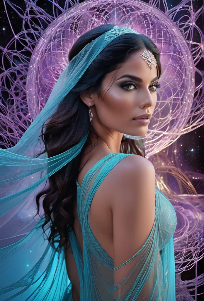 masterpiece, Best quality, ultra high resolution, extremely detailed, (psychedelic art:1.4), woman, Veil, Visually breathtaking, Nice, award-winning illustration, cosmic space background, ethereal atmosphere, Ultra quality, latina, Adult Model Daisy Marie, Cosmic concept, 3D hologram cords, transparent skin, pearly veins, that grow out of the darkness and intertwine, nailed wire, Thick blue blood seeped out of him, sharp neon, Veins grow and pump blood, Vascular networks grow, Purple turquoise 3D hologram shiny veins everywhere, luminous room, Shining Stars, inspired by “Celestial Dreams”. on an alien planet, in an alien temple