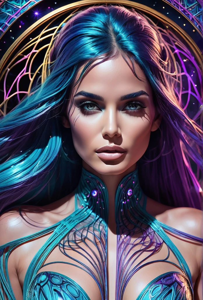 ​masterpiece, Best quality, ultra high resolution, extremely detailed, (psychedelic art:1.4), woman, Veil, Visually breathtaking, Nice, award-winning illustration, cosmic space background, ethereal atmosphere, Ultra quality, latina, Adult Model Daisy Marie, Cosmic concept, 3D hologram cords, transparent skin, pearly veins, that grow out of the darkness and intertwine, nailed wire, Thick blue blood seeped out of him, sharp neon, Veins grow and pump blood, Vascular networks grow, Purple turquoise 3D hologram shiny veins everywhere, luminous room, Shining Stars, inspired by “Celestial Dreams”. on an alien planet, in an alien temple