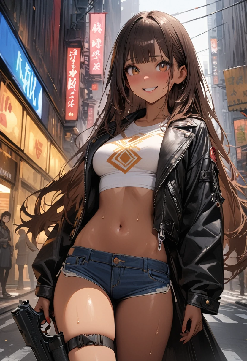 ((masterpiece,Highest quality:1.3,best quality illustration)),realistic,cowboy shot,独奏,1woman,(25 year old beauty),dark brown hair,long hair,bangs,brown eyes,(gorgeous big eyes),((very small head:1.3)),shy,smile,((very long body:1.2,skinny)),(tan skin),medium breasts,leather jacket、Micro Shorts、Leg Holster、Pistol,sweat,gleaming skin,slender body,standing,on street,neon、New York City、