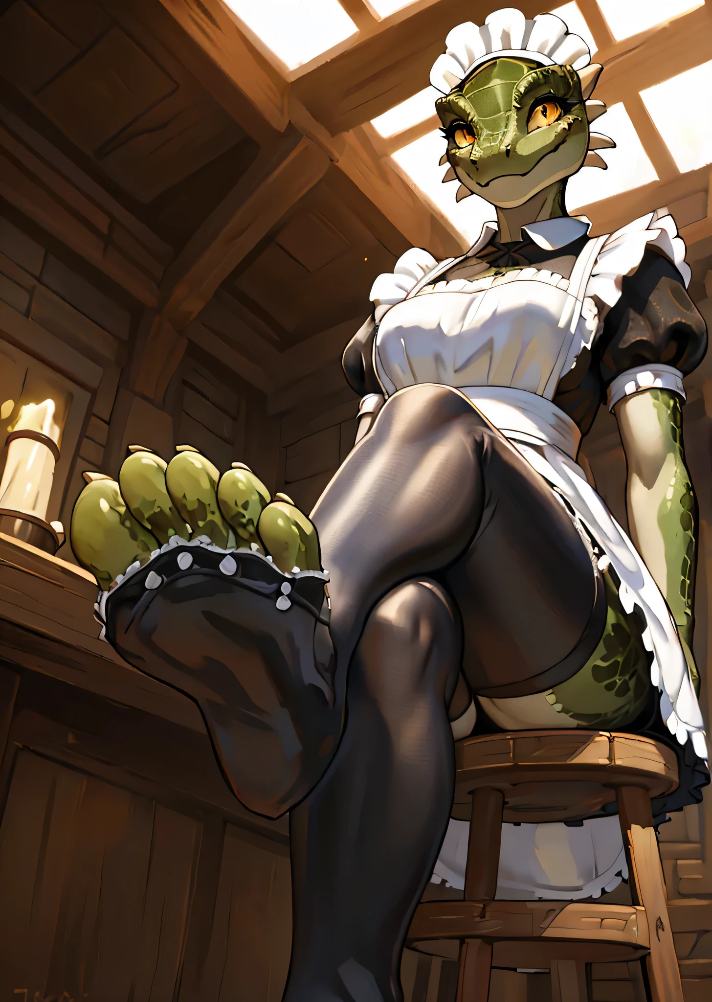 [Lusty argonian maid], ((masterpiece)), ((HD)), ((high res)), ((solo portrait)), ((low angle view)), ((feet visible)), ((beautiful oil painting)), ((detailed shading)), ((intricate details)), {(attractive argonian), (toned slim figure), (green scaly skin), (cute yellow eyes), (long eyelashes), (defined muscles), (curvy hips), (beautiful legs), (cute feet), (sharp toenails), (cute smile)}, (black and white maid dress), (black thigh-highs), (toeless stirrup socks)}, {(sitting on stool), (crossed legs), (looking at viewer)}, [ambient lighting, elder scrolls, tavern, sun rays]
